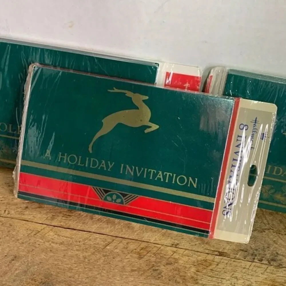 VTG Hallmark‎ holiday invitation cards reindeer red green gold